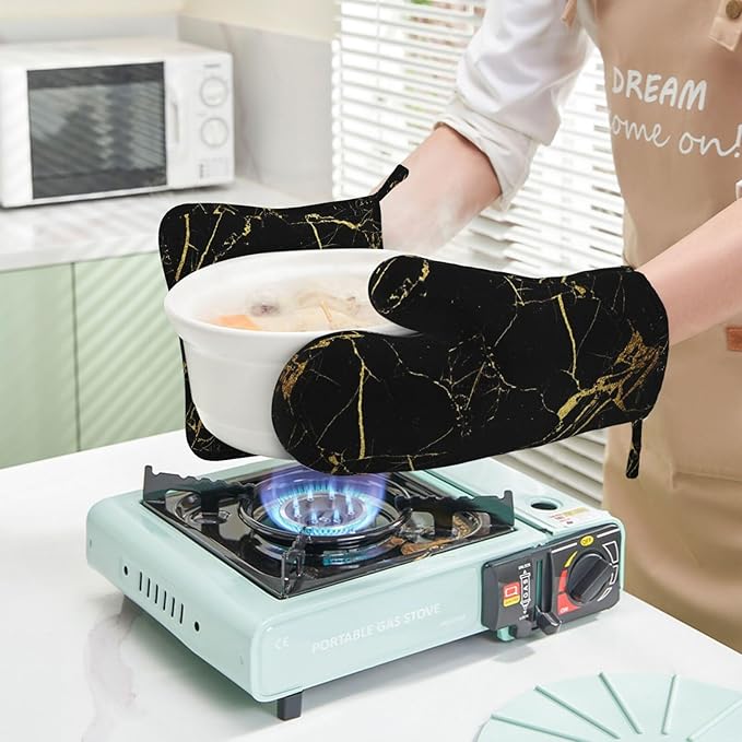 Marble Gold Black Oven Mitts and Pot Holders Sets of 4, Heat Resistant Silicone Oven Mittens and Potholders Gloves Hot Pads for Kitchen Cooking Baking Grilling BBQ Chef