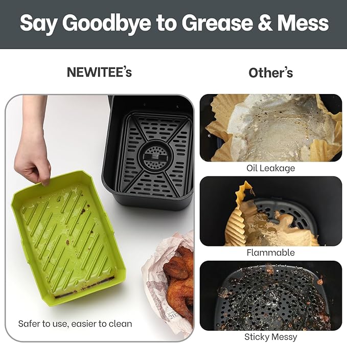 NEWITEE Silicone Air Fryer Liners 10QT For Ninja DZ550/DZ401, 2 Pack BPA Free Platinum Silicone Air Fryer Basket Liner with Handle, Rectangle Dual Basket Air Liners, Upgraded