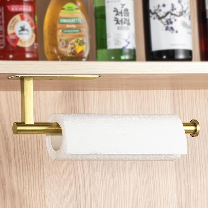 ASTOFLI Paper Towel Holder Under Cabinet No Drilling, Self Adhesive Paper Towel Holder Wall Mount for Kitchen Rack, Under Counter Napin Holder No Drill, RV, 304 Stainless Steel, Gold Brass