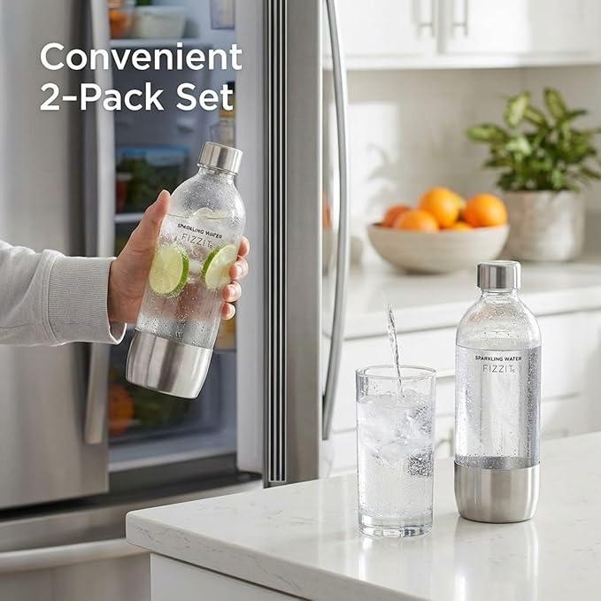 FIZZIT 1L Carbonating Bottles 2 Pack – Compatible with SodaStream,Terra Art, Aarke & Philips Soda Maker – BPA Free Reusable Sparkling Water Bottle – Replacement with Stainless Steel base & cap