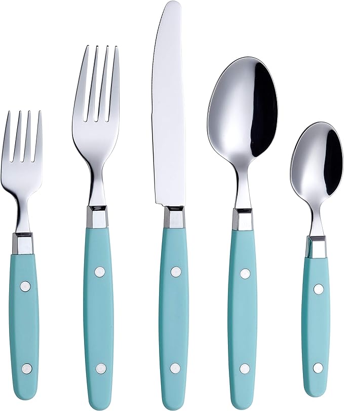 ANNOVA Silverware Set, Retro/Rivet Colorful Stainless Steel Tableware Kitchen Flatware Set Utensils, Includes Dinner Knives, Forks, Spoons, Salad Forks & Dessert Spoons (Turquoise, 20 Pieces)
