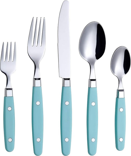 ANNOVA Silverware Set, Retro/Rivet Colorful Stainless Steel Tableware Kitchen Flatware Set Utensils, Includes Dinner Knives, Forks, Spoons, Salad Forks & Dessert Spoons (Turquoise, 20 Pieces)