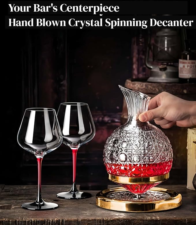 Wine Decanter Set - Spinning Crystal Red Wine Decanter Carafes, Jarler Football Rotory Hand Blown 1.5L Glass Wine Aerator Quick Decanter，Wine Gift for Him, Wine Lover, Father Gift (Gold+Clear)