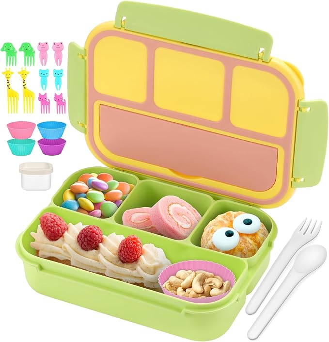 QQKO Bento Box for Kids Adults, School Toddler Lunch Box for Boys Girls, Lunch Box Containers with 4 Compartments, Sauce Container, Utensils, Food Picks and Muffin Cups for School, Pink Yellow Green
