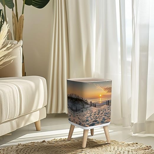 Small Trash Can with Lid Sunrise Beach Wastebasket with Press Cover Dog Proof Garbage Can Waste Bin for Kitchen Bathroom Nursery 2.6 Gallon