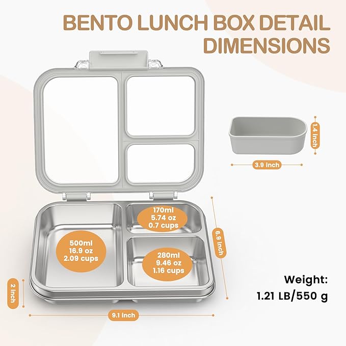 BABHAMNESS Stainless Steel Bento Lunch Box for Kids Adults, 3 Compartments Metal Bento Box with Transparent Lid & Silicone Container for Kids,Dishwasher-Safe,School & Travel,BPA-Free(Grey)