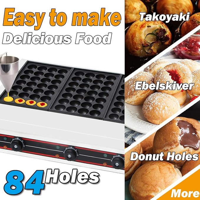 Takoyaki Maker Commercial Ebelskiver Pan 84 Holes Electric Grill Machine for Aebleskiver, Cake Pops, Pancake Balls, Donut Holes, 6000W, 220V