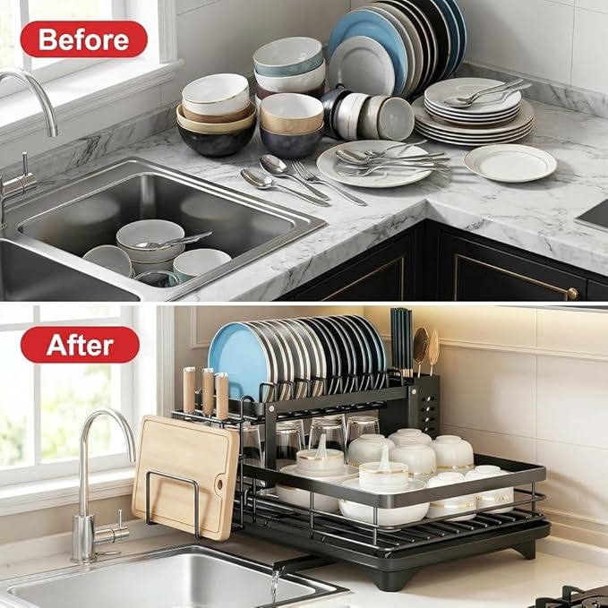 2 Tier Stainless Steel Dish Drying Rack with Auto-Draining Drainboard, Utensil Holder, Detachable & Space Saving Kitchen Counter Organizer, (Black),Chaos Coordinator Gifts