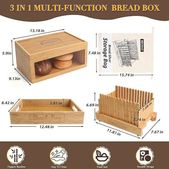 3-in-1 Bread Slicer set for Homemade Bread with Storage Box and Bread Serving Tray for Homemade Bread - Upgrade Bamboo Wooden Bread Slicer Kit - Adjustable Width, Crumb Tray, Cloth Bags