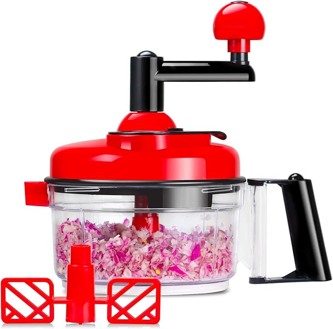 Cambom Manual Food Chopper Vegetable Chopper Hand Food Processor, Mixer, Blender, Whipper, Egg White Separator, Mincer, Grinder, Dicer with Clear Container 1200ml BPA Free Strong