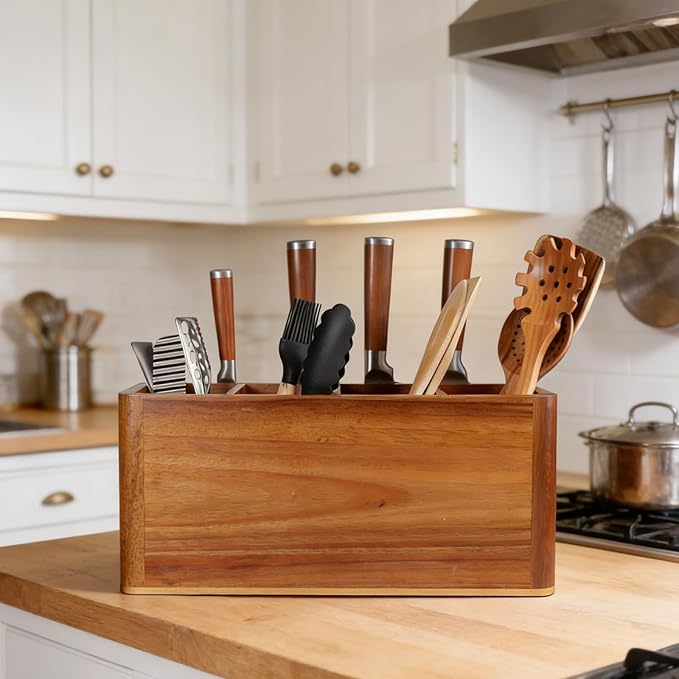 Wooden Kitchen Utensil Holder Organizer for Counter or Countertop, Large Wooden Utensil Holder 4 Compartment, Acacia Wood Container Extra Large.with Strong Magnets Multifunctional Storage Knife Holder