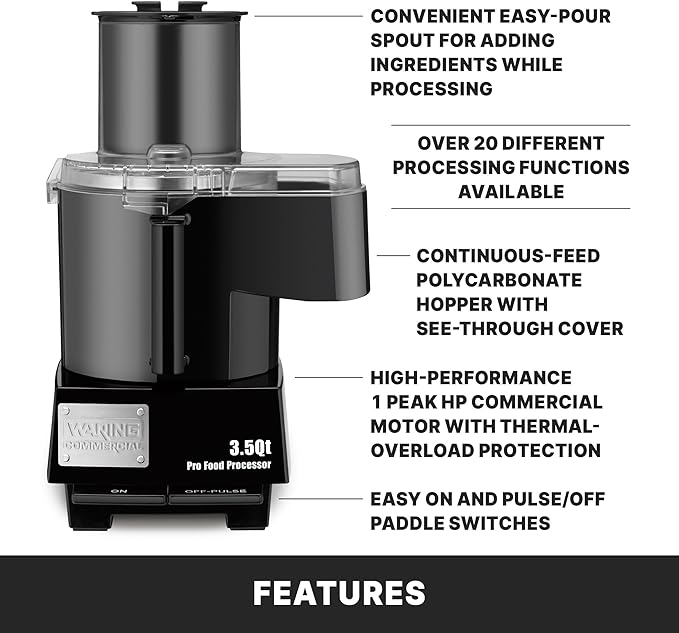 Waring Commercial WFP14SC 3.5 Quart Continuous Feed Food Processor, 1 HP Motor, Extra Large Feed Tube, Patented LiquiLock Seal Bowl System, Includes 3.5 Quart Clear Cutter/Mixer Bowl, Grating, Shredding, Slicing, Whipping Disc and a Standard S blade fo...