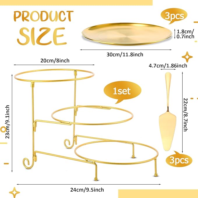 Domensi 7 Pcs Pizza Pan Riser Stands Sets Includes Tiered Tray Stand Stainless Steel Pizza Pan and Wood Handle Knife for Tables Party Restaurant (Gold)