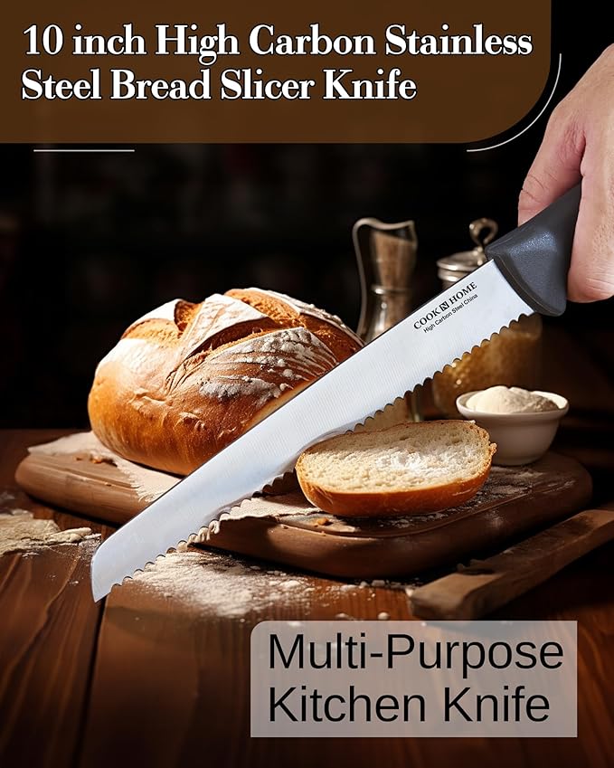 Cook N Home Bread Slicer Knife 10-Inch, Wavy Serrated High Carbon Stainless Steel Sharp Kitchen Knife, Ergonomic Handle, Black