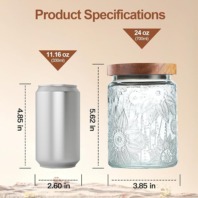 6-Pack 24 OZ Vintage Glass Jar with Lid, Airtight Food Storage Canisters with Bamboo for Kitchen Counter Pantry, Ideal for Coffee, Candy, Tea, Oats, Sugar, Cookies Decorative Jars