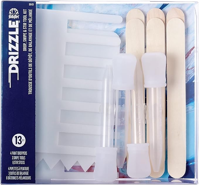 FolkArt Drizzle Tool Kit, 13 Piece Pouring Drop, Swipe, and Stir Tool Kit Perfect for Fluid Arts and Crafts Projects, 50429