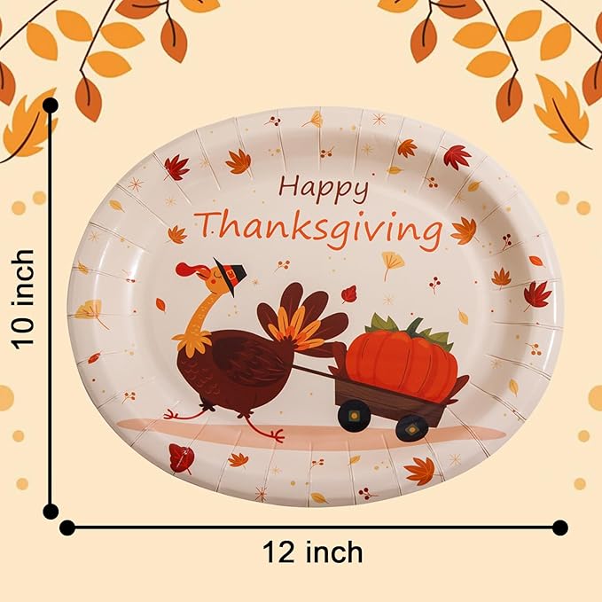 WDF 50Pack Thanksgiving Oval Plates Paper - 10" x 12" Happy Thanksgiving Plates Disposable Dinner Autumn Fall Harvest Party Supply - Turkey Thankful Pattern