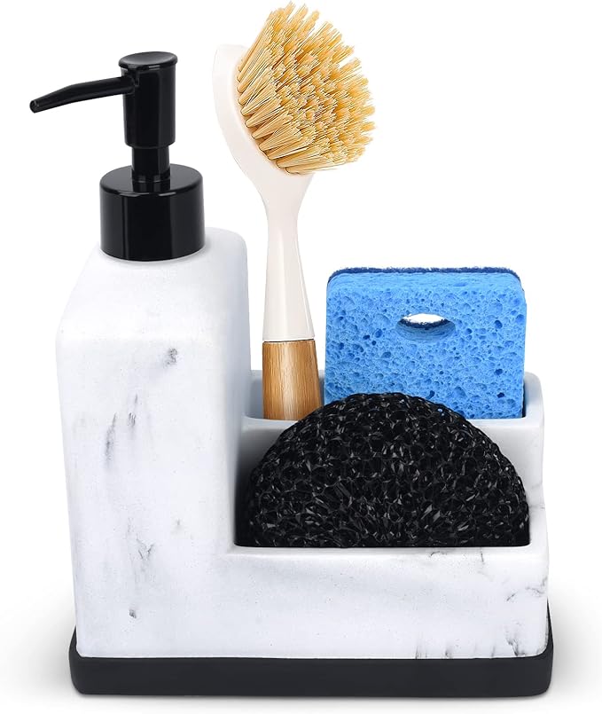 Dish Soap Dispenser with Sponge Holder,White Marble Look Liquid Hand and Dish Soap Dispenser and Spong Caddy with Brush Holder 3 in 1 Countertop Organizer for Kitchen Sink and Bathroom,White