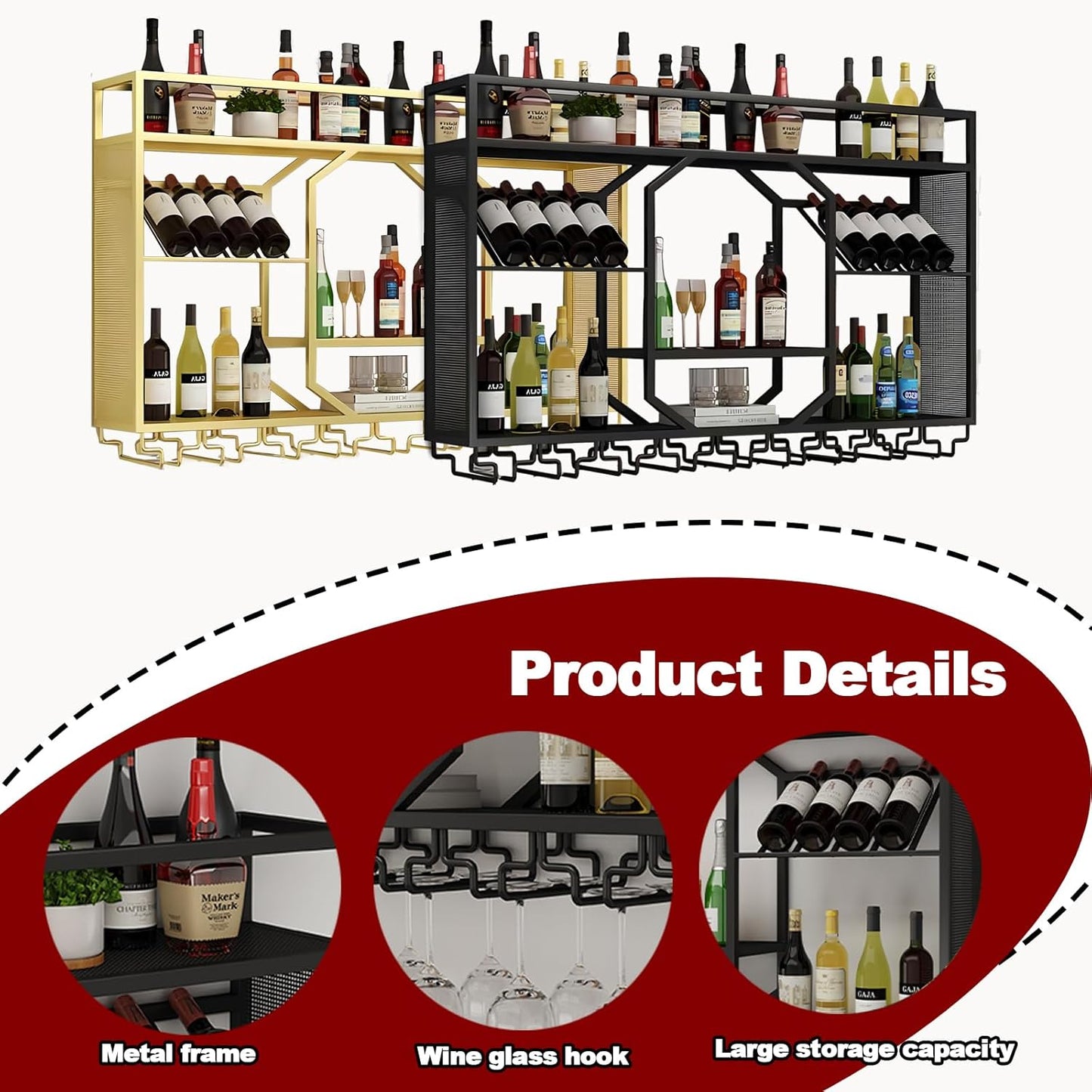 Wall Mounted Wine Rack, 3-Tiers Metal Bar Bottle Holder, Modern Wine Glass Storage Display Shelves, Wall Wine Rack for Kitchen Bar Dining Rooms Decoration ﻿ (Black, 55.11in/140cm)