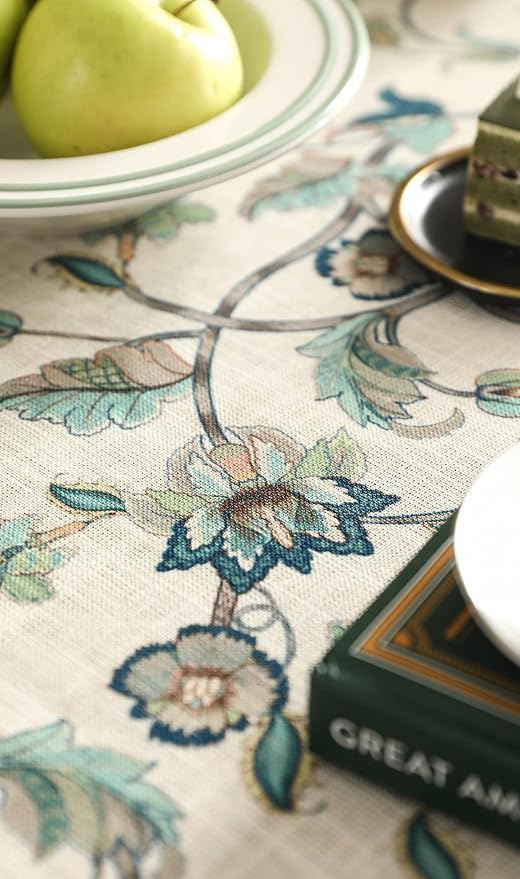 patdrea Designer Green Linen Extra Long Rectangle Tablecloth,Vintage Floral Pattern Breathable Table Cloth,Cover Decor for Kitchen Dining,Christmas,Thanksgiving,Holiday,Tea Party,63"x110"-Noah