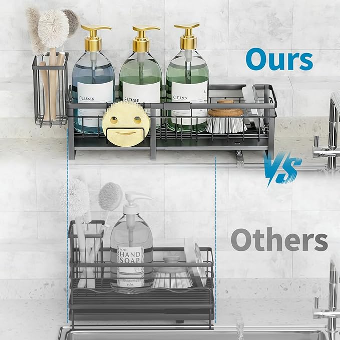 Extra Large Extendable Sponge Holder for Kitchen Sink, Rustproof Sink Caddy Organizer with High Brush Holder, Dish Soap Dispenser Organizers and Storage (Gray)