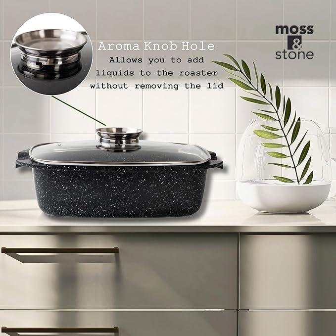 Moss & Stone Die Cast Aluminum Oval Roaster Pot 12-Inch, Induction Compatible, Hard Anodized Nonstick Pasta Pot with Glass Lid, Roaster Oven Safe 6 Quart Bundle With 12 Inch Aluminum Pan Non-Stick Coo