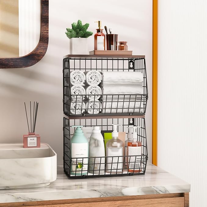 Wawocs Fruit Basket for Kitchen Counter 2 Tier Fruit Bowl, Stackable Wall Mounted Hanging Fruit Basket Wire Baskets with Wood Lid with 4 Banana Hanger Hooks, Onion Basket, Fruit and Vegetable Storage