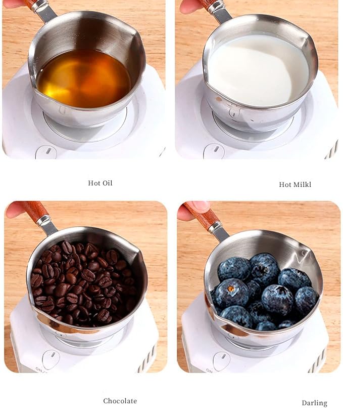 Butter Warmer Pot, 300ml 4.1x2.36in Milk Pot for Stove, Versatile Small Stainless Steel with Pour Spout and 4in Wooden Handle for Melting Butter, Heating Sauces, or Making Coffee