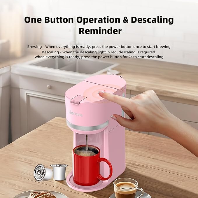 Horavie Mini Single Serve Coffee Maker for K Cup and Ground Coffee, Fast Brew One Cup Coffee Machine with Descaling Reminder and Water Window, 6 to 12 oz. Brew Sizes, Pink
