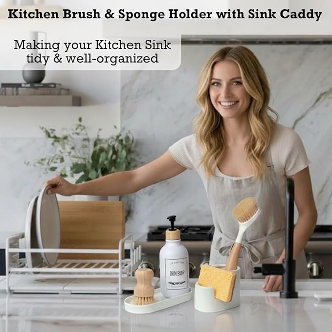 3 in 1 Ceramic Sponge&Brush Holder and Soap Tray Set, Leak-Proof Design to Keep Countertops Dry, Flexible Modular Placement, Modern Minimal Sink Organizer for Kitchen & Bathroom Countertop, White