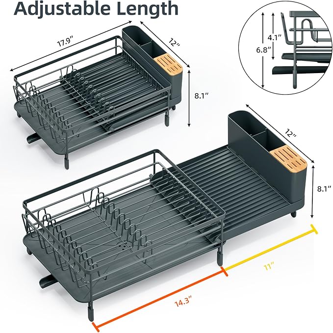 Urackify Large Dish Drying Rack, Expandable Dish Racks for Kitchen Counter, Multifunctional Dish Drainer with Utensil Holder & Cup Holder, 18.5"-26.7" L x 12.7" W, Dark Slate Gray