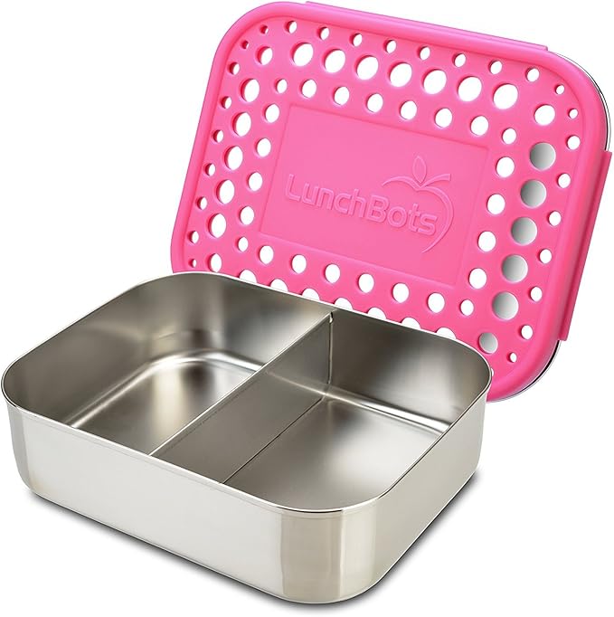 LunchBots Medium Duo Snack Container - Divided Stainless Steel Food Container - Two Sections for Half Sandwich and a Side - Eco-Friendly - Dishwasher Safe - Stainless Lid - Pink Dots