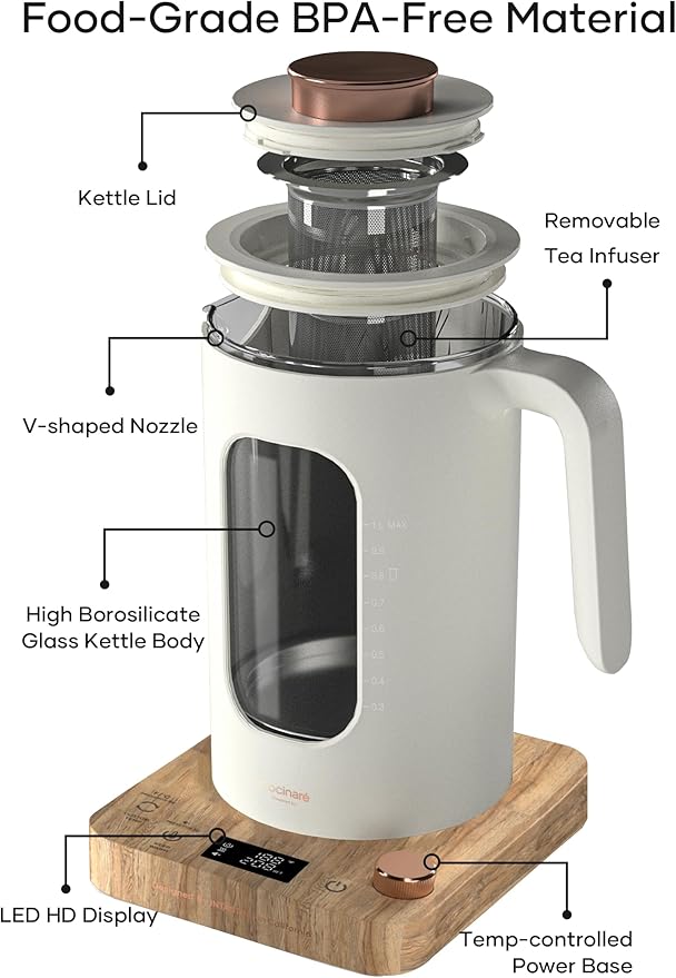 INTASTING Electric Tea Kettle, Electric Kettle with Tea Infuser, ±1℉ Knob Temperature Control, BPA-Free Glass, 1200W Fast Heating, Easy to Clean, 1 Liter (Cream White)