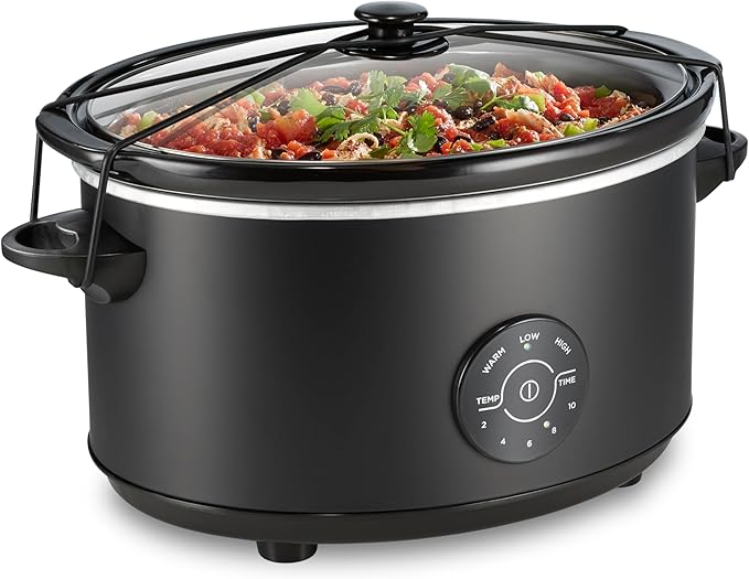Hamilton Beach 7 Quart Set & Forget Portable Programmable Slow Cooker, 15 Cooking Options With 5 Time and 3 Heat Options, Large Dishwasher Safe Stoneware Crock and Glass, Lid Latch, Black (33670)