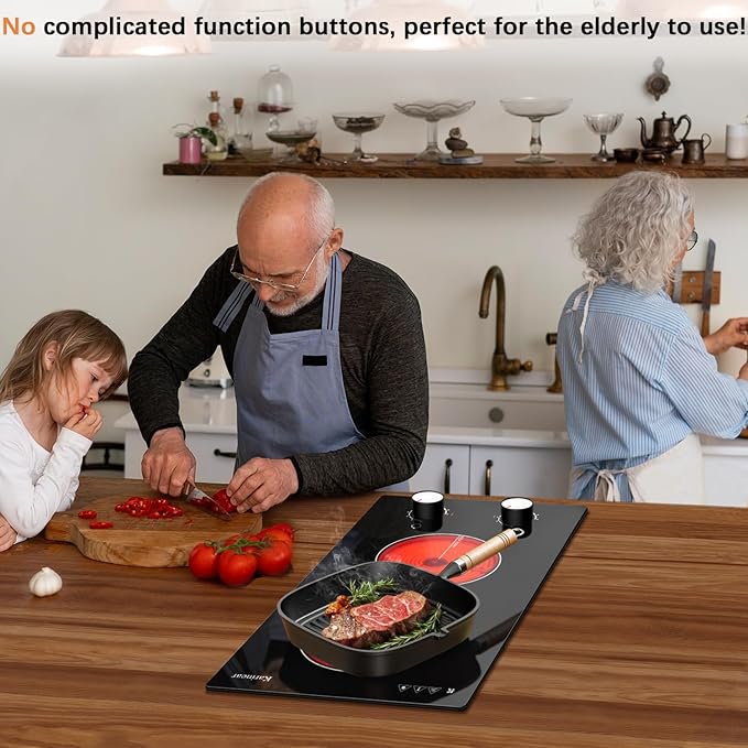 Karinear 110V Electric Cooktop 2 Burners Electric Stove 12 Inch Knob Control Countertop & Built-in Ceramic Cooktop, 9 Heating Level, Hot Warning, Over-Temperature Protection(White Knob)