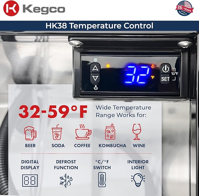 Kegco Kegerator 24" Wide Dual Tap Black/Stainless Steel Undercounter Beer Dispenser HK38BSU-2