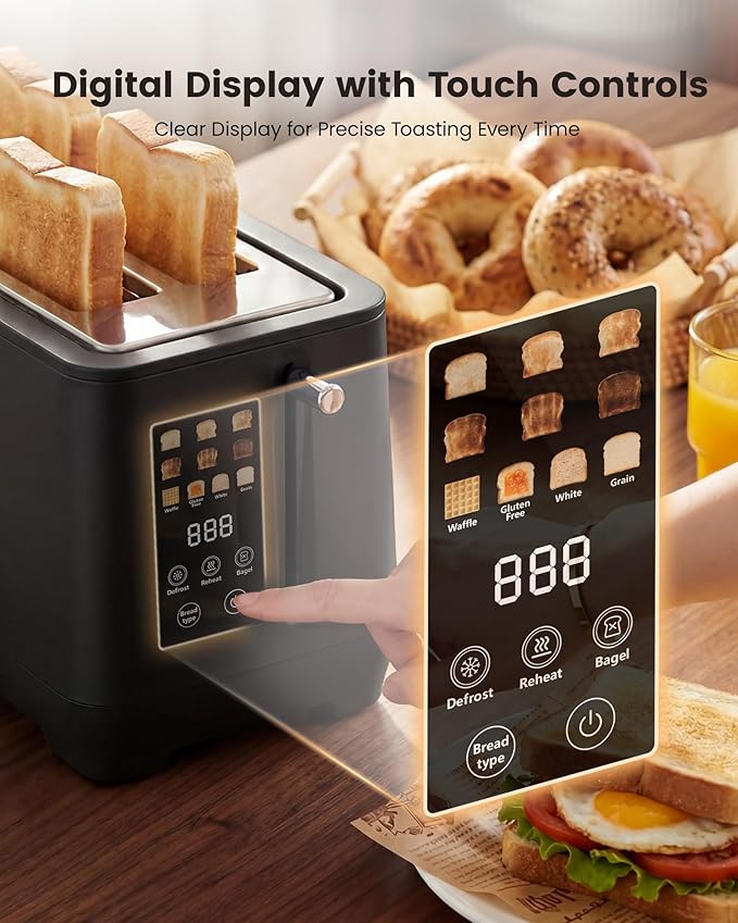 4 Slice Toaster, Long Slot Touch Screen Retro Toaster with Digital Countdown, Extra-Wide Slots for Bagels & Artisan Bread, 6 Browning Levels, 5 Bread Modes, Defrost Reheat Cancel, Stainless Steel