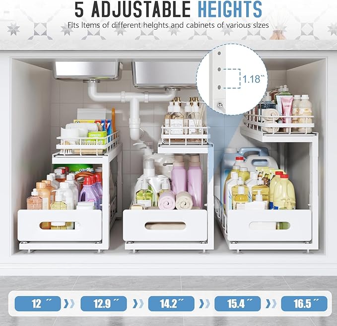 Under Sink Organizer Upgrade To Professional Rails,2-Tier Dual Pull Out Cabinet Storage,Height Adjustable Slide Out Drawers For Bathroom Kitchen,1 Pack-21"Dx12.8"-16.9"H,White