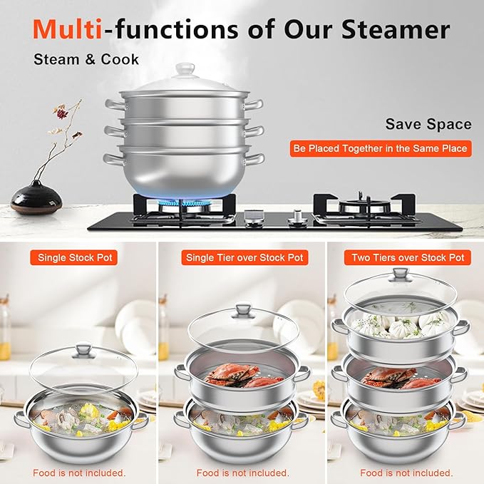 3-Tier Food Steamer Pot for Cooking - 12.8in Stainless Steel Steamer w/Lid Cookware For Vegetable,Dumpling, Crab, Stock