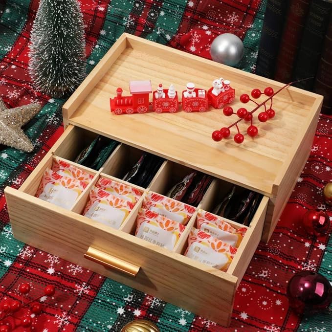 Tea Organizers and Storage Box Tea Station organizer for Countertop with 4 Cotton Woven Coasters Pine Wood Tea Bag Organizer Drawer Teabag Holder with 8 Compartments Wooden Sugar Packet Holder