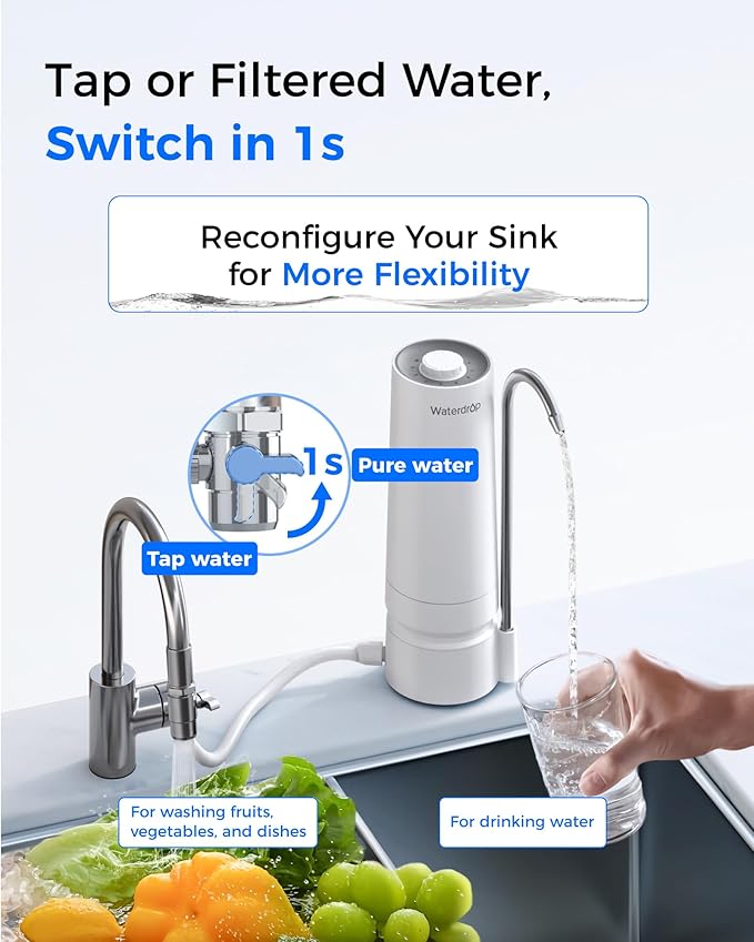 Waterdrop CTF-05 Water Filter for Sink Faucet, Countertop Water Filter System and Filter Life Reminder, Reduces Heavy Metals, Bad Odor, and 99% Chlorine, 8000 Gallons, 1 Filter