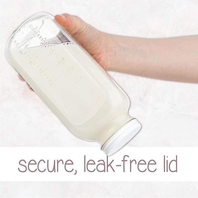 kitchentoolz 32oz Square Glass Milk Bottle with White Metal Airtight Lids - Vintage Reusable Milk Jugs - Dairy Drinking Containers for Milk, Yogurt, Smoothies, Kefir, Kombucha, and Water