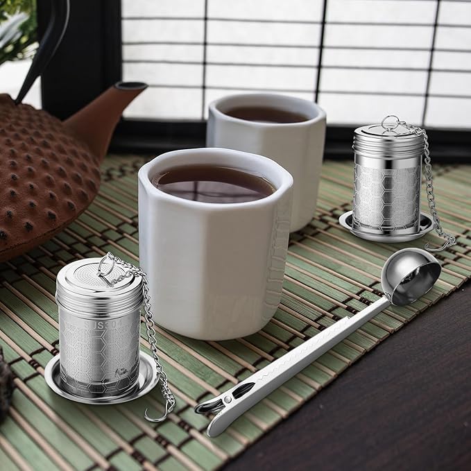 Umigy 4 Pcs Tea Infuser Strainers for Loose Tea with Scoop, Extra Fine Mesh Steeper 304 Stainless Steel Diffuser Leaf Holder with Extended Chain Hook for Brew, Spices, Seasoning, Silver