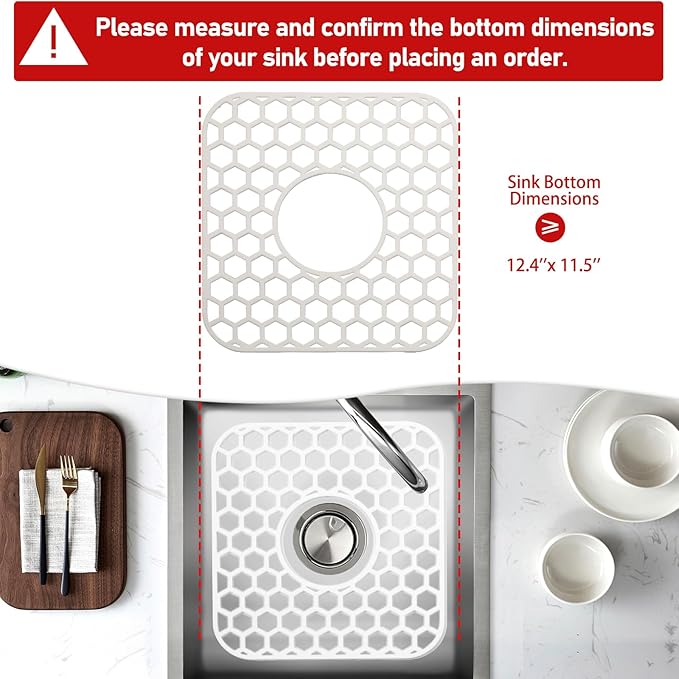 Bestjing 2 Pack Silicone Sink Protectors for Kitchen Sink - 12" x 11" Kitchen Grid Accessory, Non-Slip Heat-Resistant Mat for Bottom of Porcelain Stainless Steel, Dishwasher Safe (White)