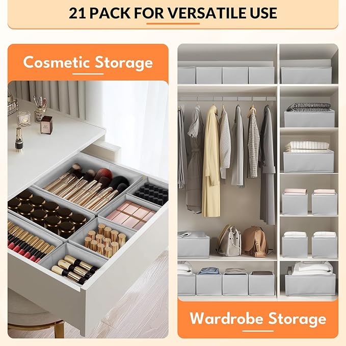 FANS-ONE Drawer Organizer Clothes, 21 Pack Dresser Organizer for Baby Clothes, Underwear, Socks, 3 Sizes Foldable Closet Organization and Storage Bins for Nursery, Bedroom (Grey)