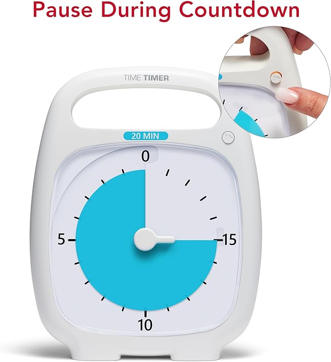 TIME TIMER Plus 20 Minute Desk Visual Timer - Countdown Timer with Portable Handle for Classroom, Office, Homeschooling, Study Tool with Silent Operation (White)