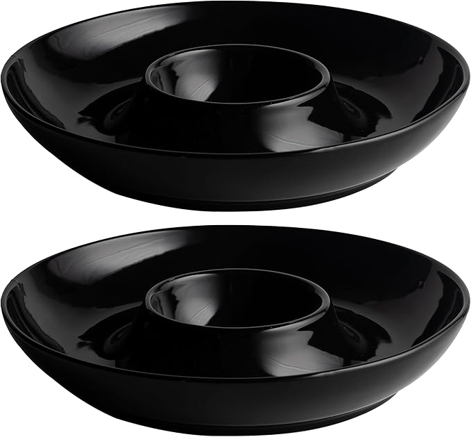 LEHAHA Porcelain Chip and Dip tray, set of 2, Ceramic Divided Serving Tray for Parties, Round Dip Platter and Salsa bowl Perfect for chips, salsa, candy, olives, nuts, fruit and veggies, Bright Black