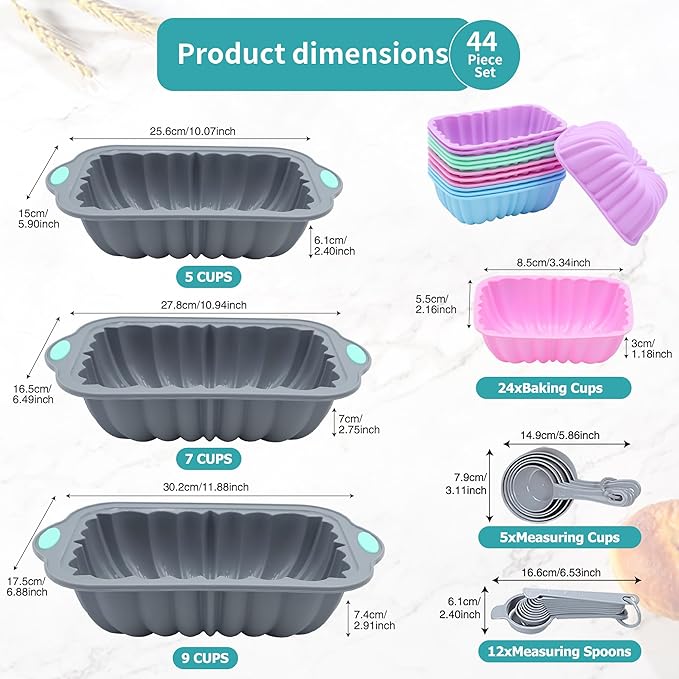 To encounter 44 Pieces Silicone Cake Pan Set, 3 Sizes Silicone Fluted Bread Pan with Reusable Baking Cups, Food Grade Baking Mold for Brownie, Bread, Muffin, Light Grey