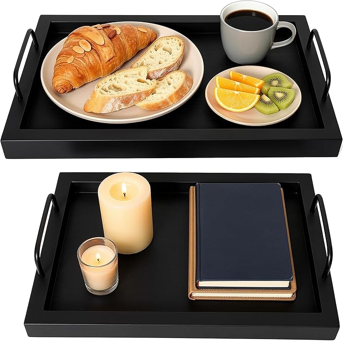 Besti Rustic Vintage Food Serving Trays (Set of 2) | Nesting Wooden Board with Metal Handles | Stylish Farmhouse Decor Serving Platters | Large: 15 x2 x11” - Small: 13 x2 x9” (Black)