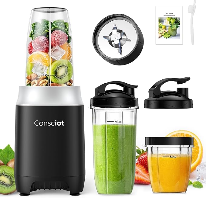 Consciot CB10 11Pcs Personal and Countertop Blender Combo, Make Shakes and Smoothies, Frozen Drinks, Baby Food, Spreads & More, 3 Portable BPA Free To-Go Cups, 2 Spout-Lids & 1 Flat-Lid, 900 Peak Watt